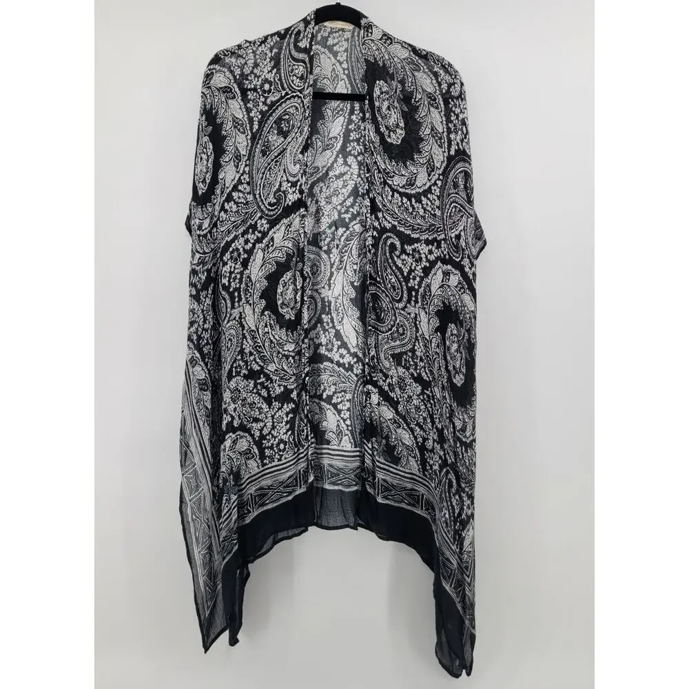 Soft Surroundings Kimono Wrap Black White Paisley Floral Soft Open One Size OS